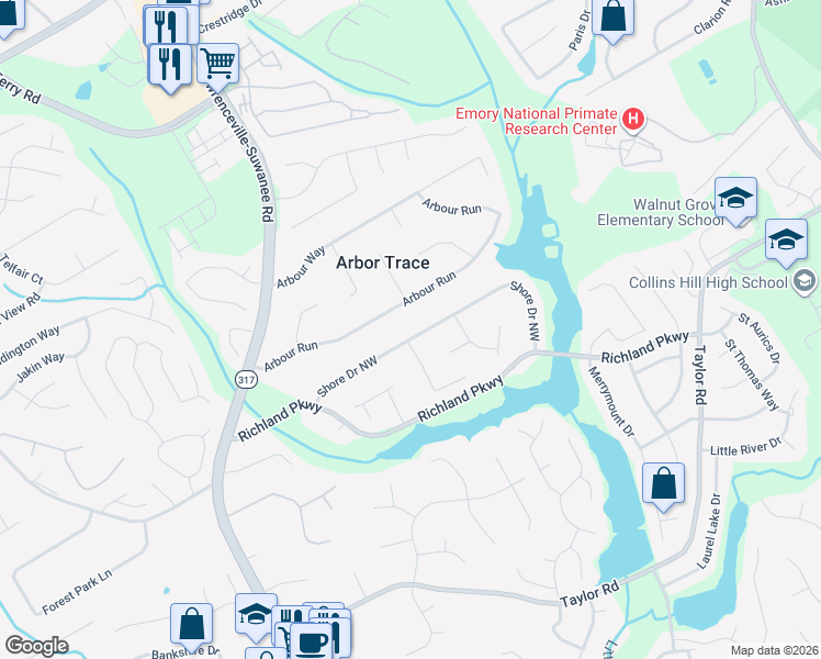 map of restaurants, bars, coffee shops, grocery stores, and more near 381 Shore Drive Northwest in Suwanee