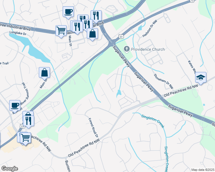 map of restaurants, bars, coffee shops, grocery stores, and more near 3739 Union Park Drive in Duluth