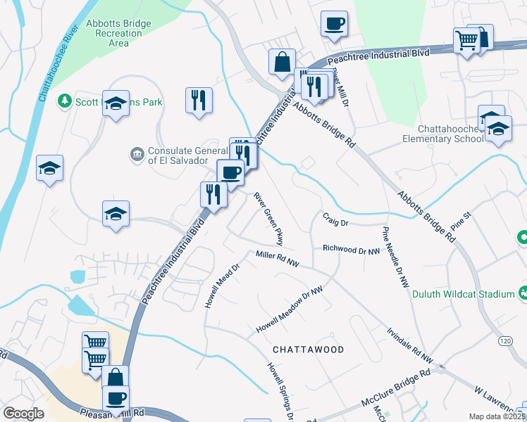 map of restaurants, bars, coffee shops, grocery stores, and more near 4050 River Green Parkway in Duluth
