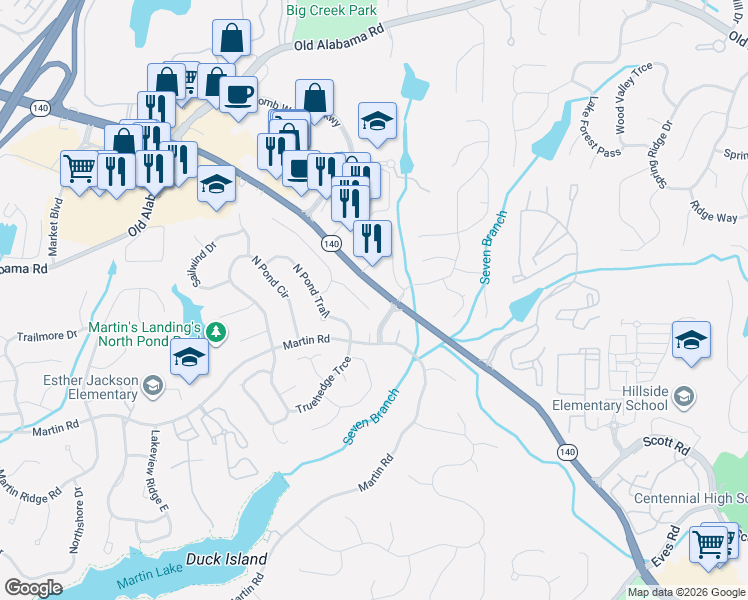 map of restaurants, bars, coffee shops, grocery stores, and more near 865 Waterbrook Court in Roswell