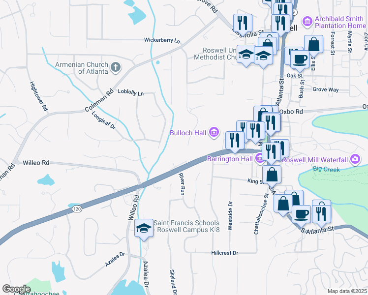 map of restaurants, bars, coffee shops, grocery stores, and more near 249 Marietta Highway in Roswell