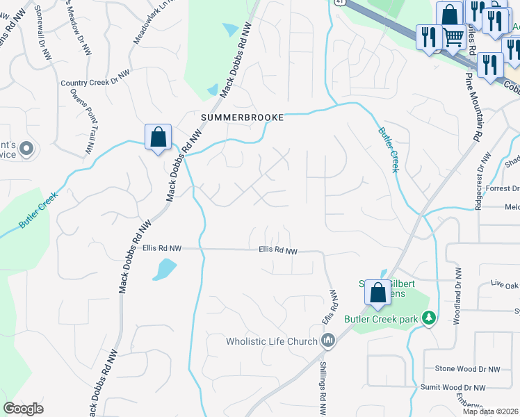 map of restaurants, bars, coffee shops, grocery stores, and more near 2464 Kaley Walk Northwest in Kennesaw