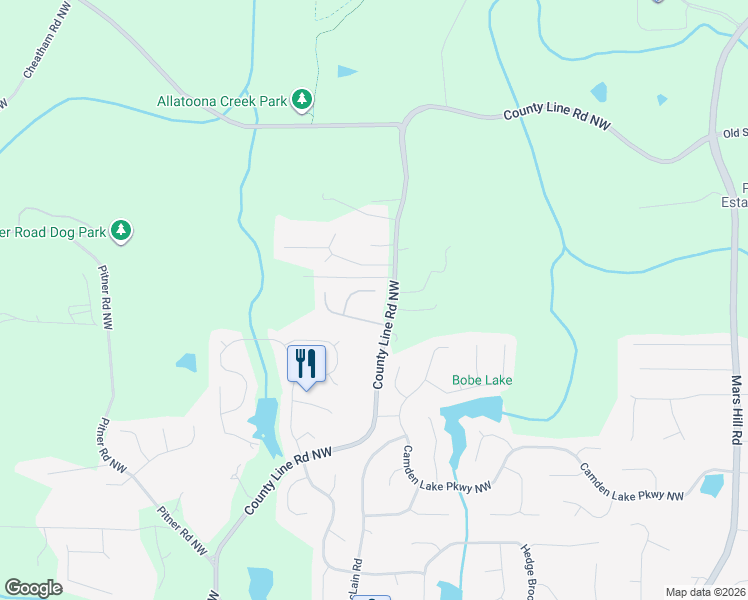 map of restaurants, bars, coffee shops, grocery stores, and more near 2512 Woolwich Court Northwest in Acworth