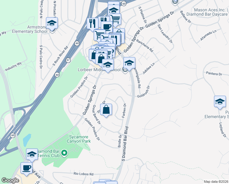 map of restaurants, bars, coffee shops, grocery stores, and more near 23472 Stirrup Drive in Diamond Bar