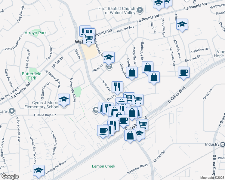 map of restaurants, bars, coffee shops, grocery stores, and more near 20222 Fuero Drive in Walnut