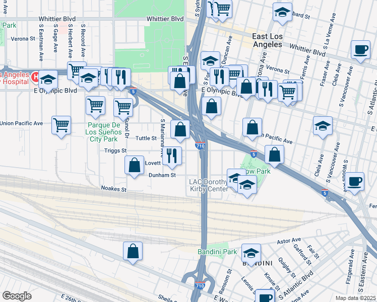 map of restaurants, bars, coffee shops, grocery stores, and more near 1425 South Sydney Drive in Los Angeles