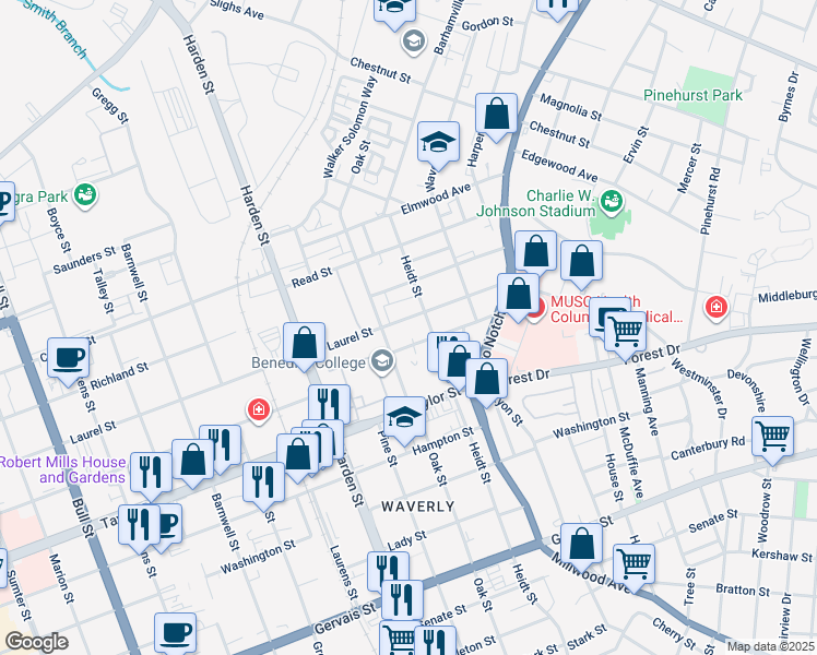map of restaurants, bars, coffee shops, grocery stores, and more near 2318 Laurel Street in Columbia