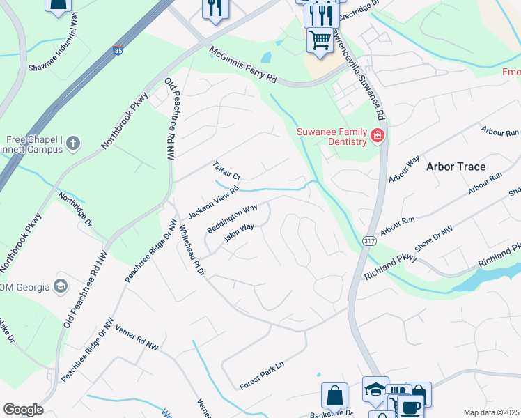 map of restaurants, bars, coffee shops, grocery stores, and more near 2759 Beddington Way in Suwanee