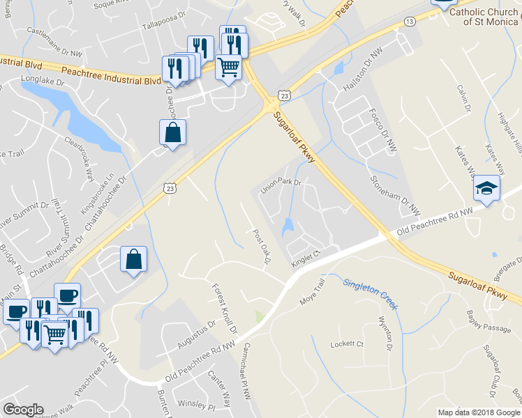 map of restaurants, bars, coffee shops, grocery stores, and more near 3739 Union Park Drive in Duluth