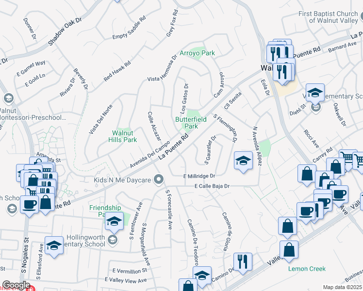 map of restaurants, bars, coffee shops, grocery stores, and more near 3308 La Puente Road in West Covina