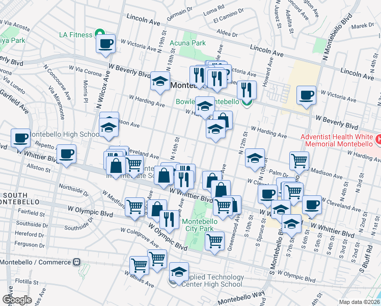 map of restaurants, bars, coffee shops, grocery stores, and more near 209 North Maple Avenue in Montebello