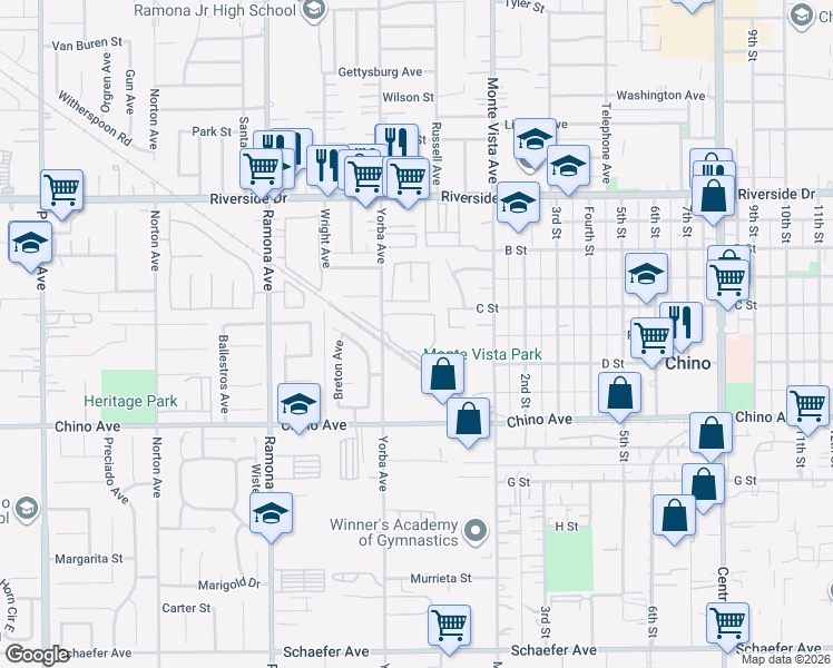map of restaurants, bars, coffee shops, grocery stores, and more near 13151 Yorba Avenue in Chino