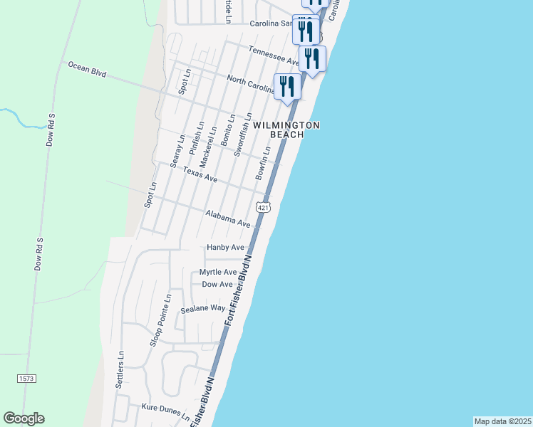 map of restaurants, bars, coffee shops, grocery stores, and more near 404 Lake Park Boulevard South in Carolina Beach