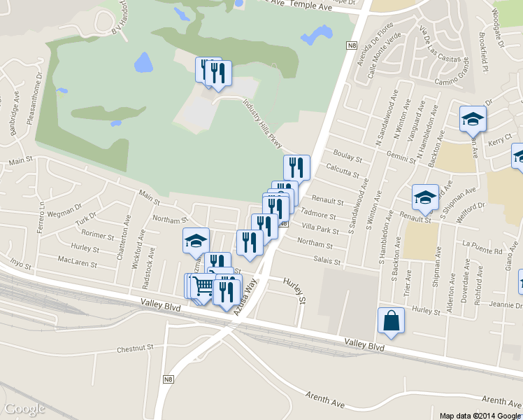 map of restaurants, bars, coffee shops, grocery stores, and more near 17351 Main Street in La Puente