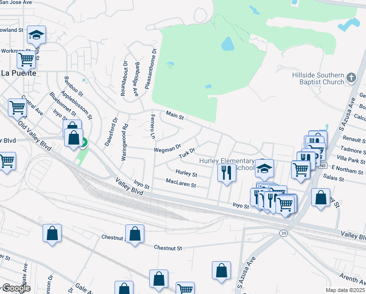 map of restaurants, bars, coffee shops, grocery stores, and more near 16870 Wegman Drive in La Puente