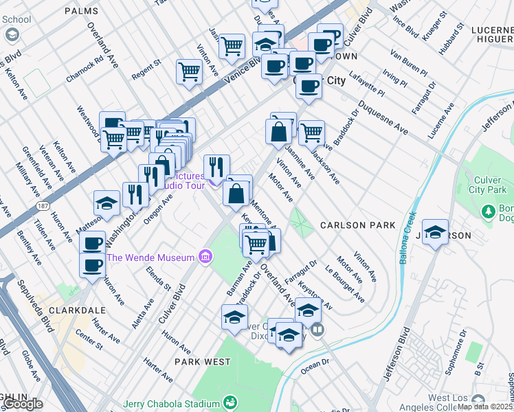 map of restaurants, bars, coffee shops, grocery stores, and more near Mentone Avenue in Culver City