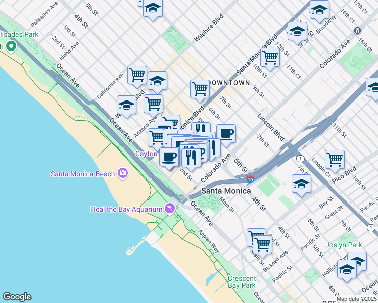 map of restaurants, bars, coffee shops, grocery stores, and more near 1453 3rd Street in Santa Monica