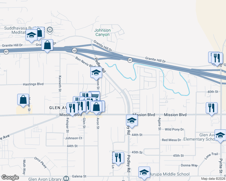 map of restaurants, bars, coffee shops, grocery stores, and more near 4041 Pedley Road in Riverside