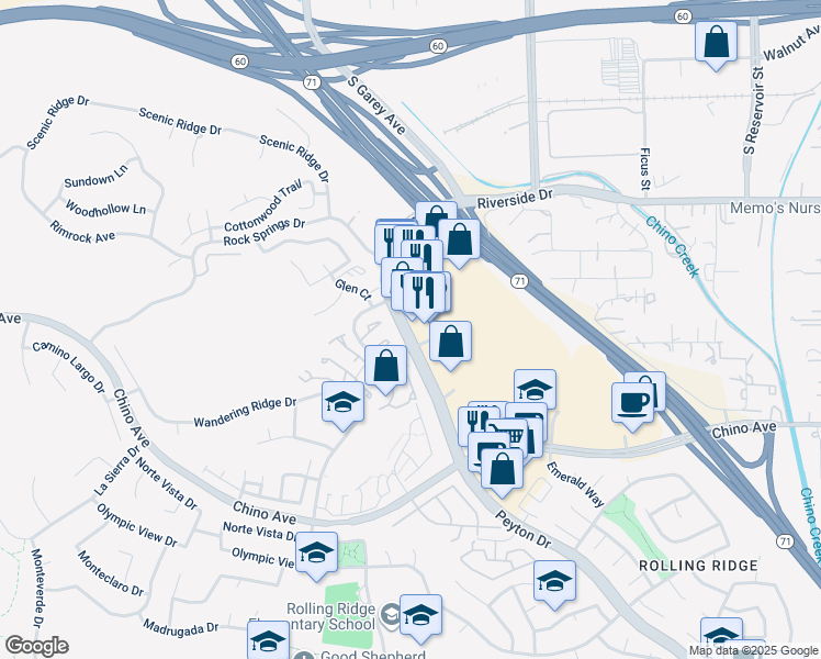 map of restaurants, bars, coffee shops, grocery stores, and more near 13065 Peyton Drive in Chino Hills