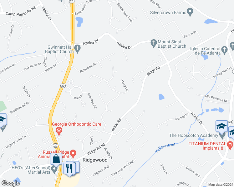 map of restaurants, bars, coffee shops, grocery stores, and more near 1770 Highland Oaks Way Northeast in Lawrenceville
