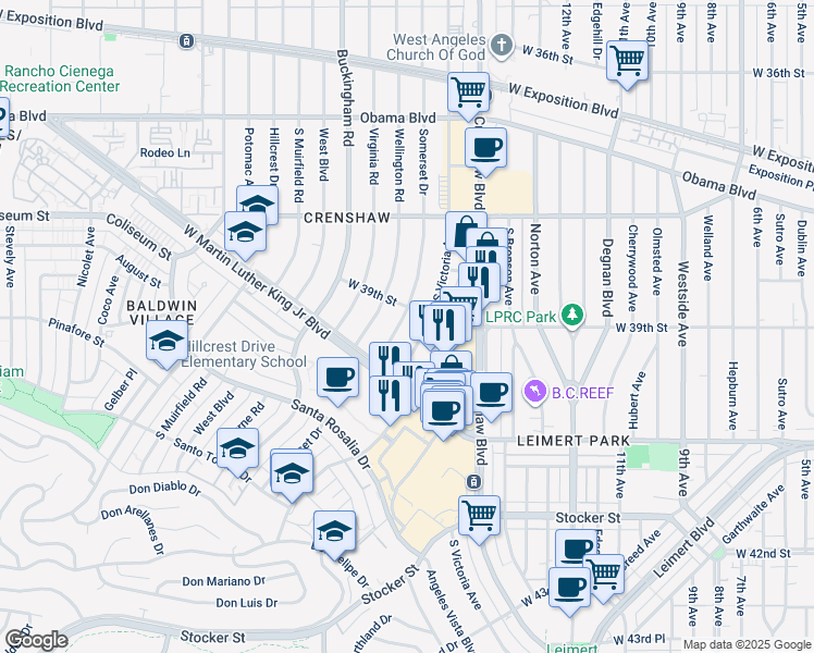map of restaurants, bars, coffee shops, grocery stores, and more near 3914 Somerset Drive in Los Angeles