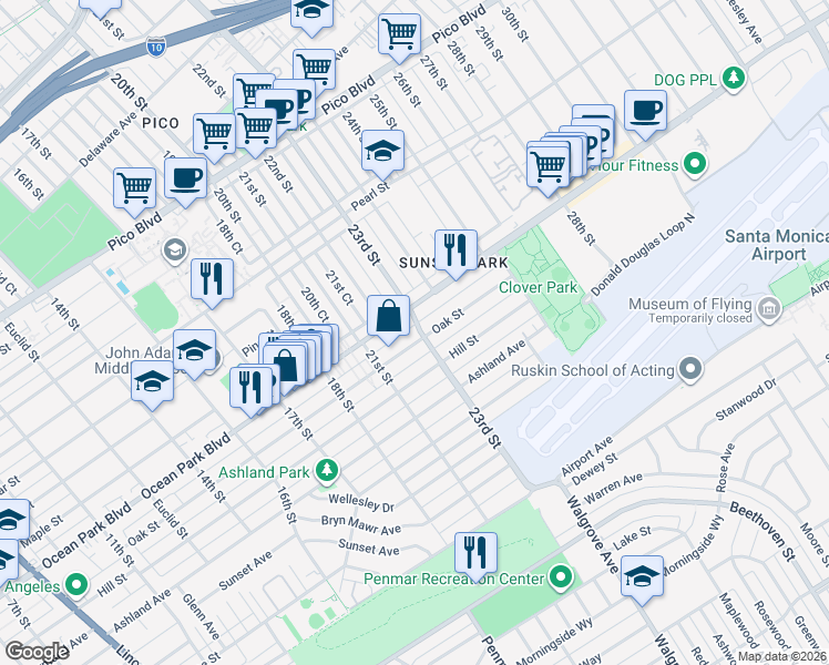 map of restaurants, bars, coffee shops, grocery stores, and more near 2658 23rd Street in Santa Monica