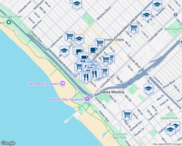 map of restaurants, bars, coffee shops, grocery stores, and more near 201 Broadway in Santa Monica