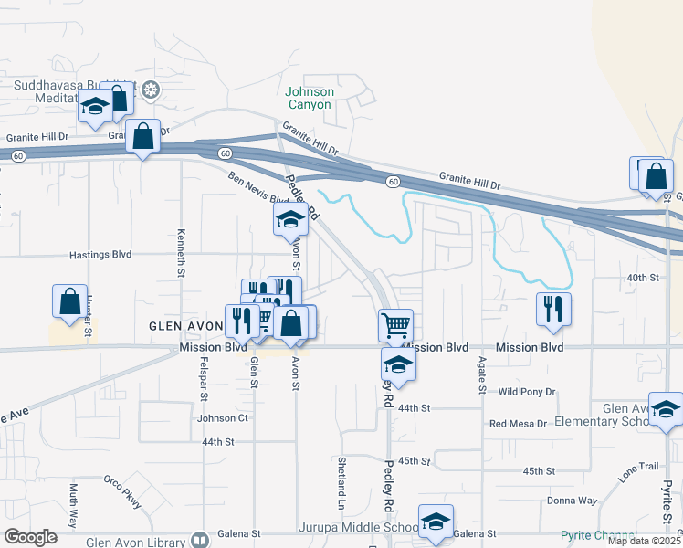 map of restaurants, bars, coffee shops, grocery stores, and more near 4041 Pedley Road in Riverside