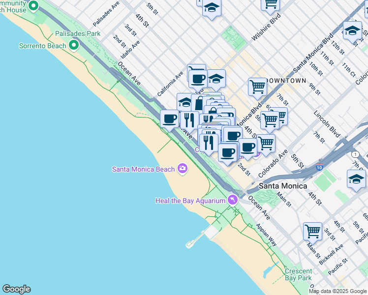 map of restaurants, bars, coffee shops, grocery stores, and more near 1333 Ocean Front Walk in Santa Monica