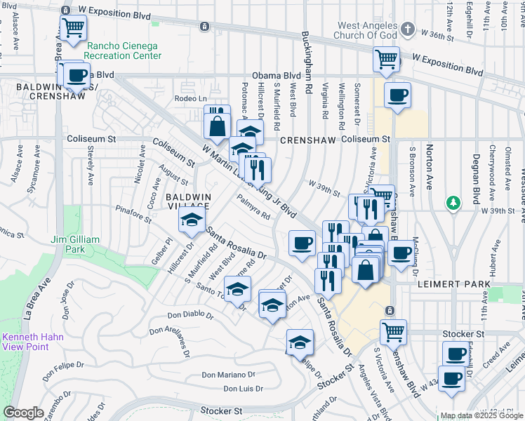 map of restaurants, bars, coffee shops, grocery stores, and more near 4018 Buckingham Road in Los Angeles