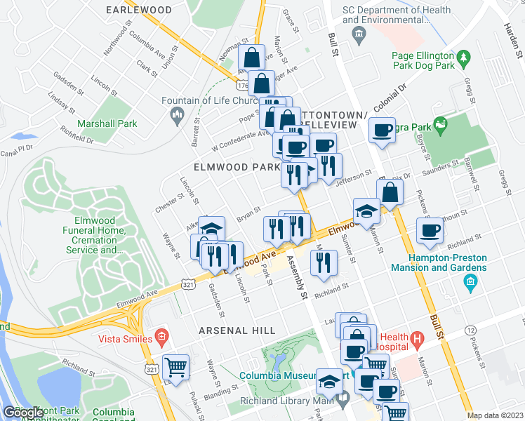 map of restaurants, bars, coffee shops, grocery stores, and more near 1030 Bryan Street in Columbia