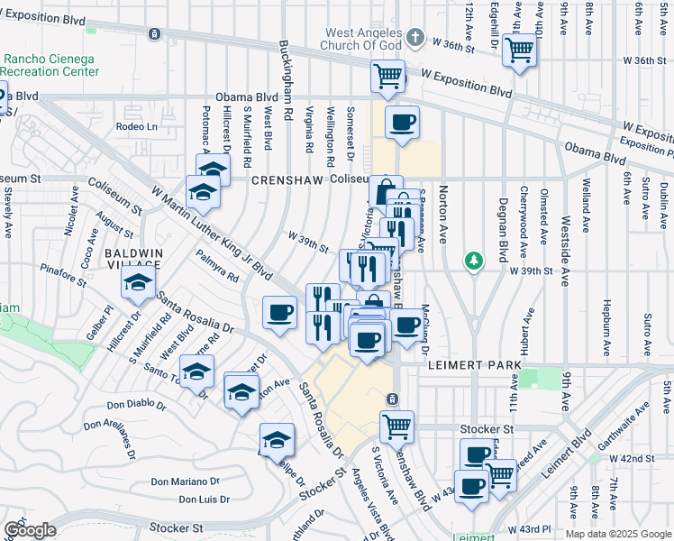 map of restaurants, bars, coffee shops, grocery stores, and more near 3914 Somerset Drive in Los Angeles