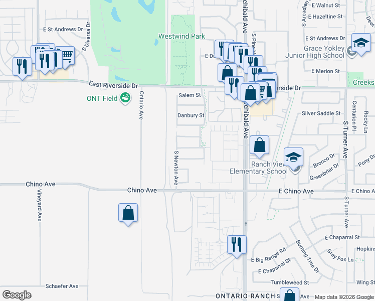 map of restaurants, bars, coffee shops, grocery stores, and more near 2464 East Lewiston Street in Ontario