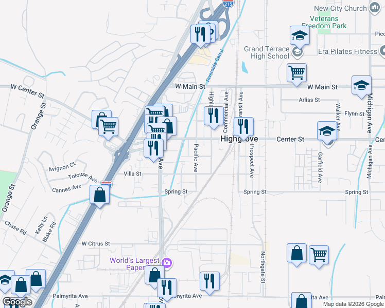 map of restaurants, bars, coffee shops, grocery stores, and more near 420 Glen Street in Riverside