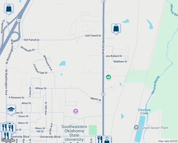 map of restaurants, bars, coffee shops, grocery stores, and more near 215 Northridge Drive in Durant