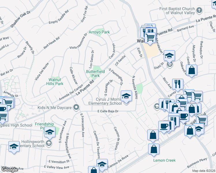 map of restaurants, bars, coffee shops, grocery stores, and more near 3513 South Hedgerow Drive in West Covina