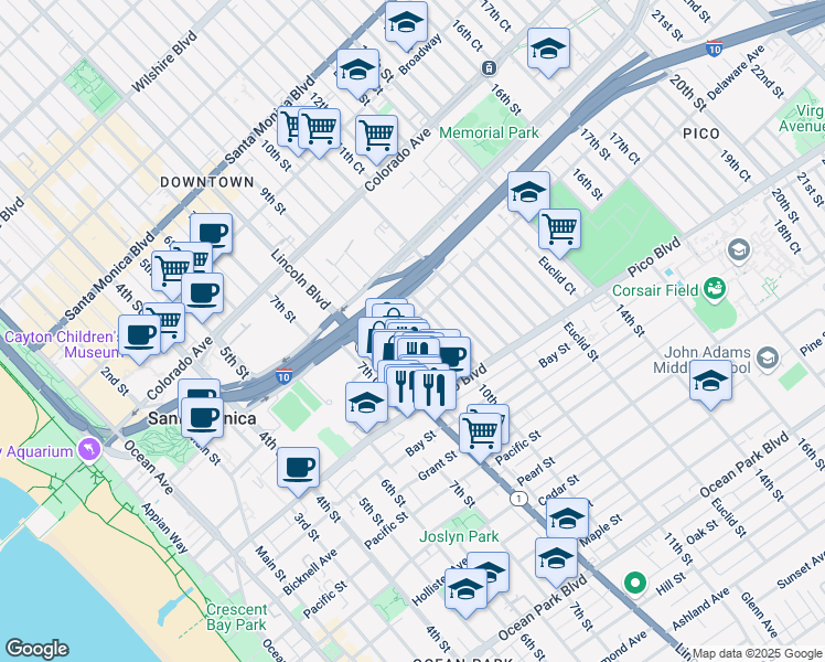 map of restaurants, bars, coffee shops, grocery stores, and more near 1820 9th Street in Santa Monica