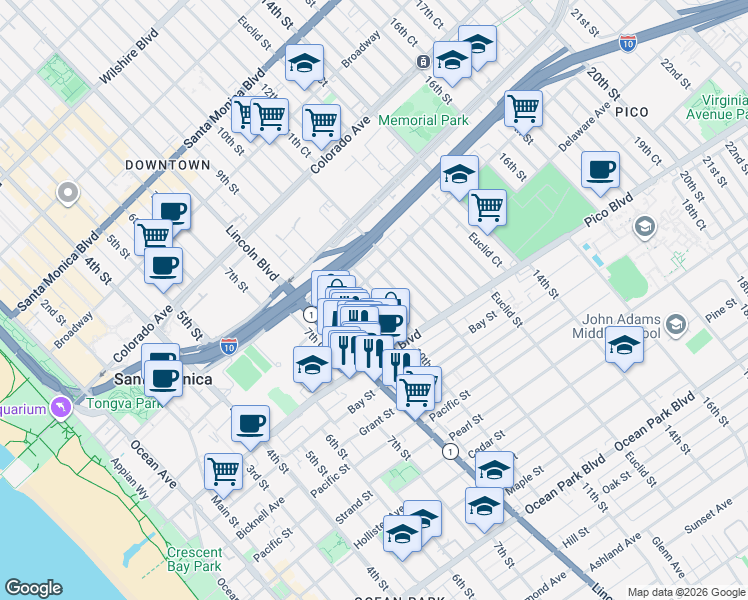 map of restaurants, bars, coffee shops, grocery stores, and more near 1824 10th Street in Santa Monica