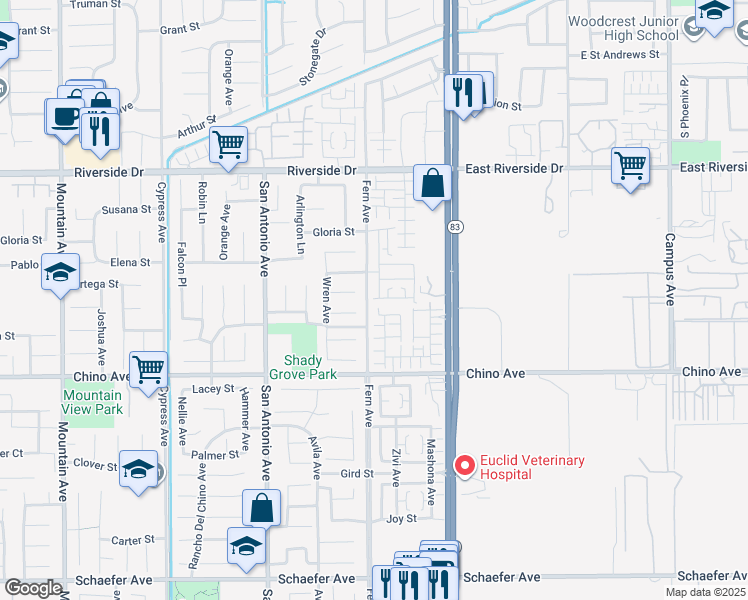 map of restaurants, bars, coffee shops, grocery stores, and more near 6903 Montego Street in Chino