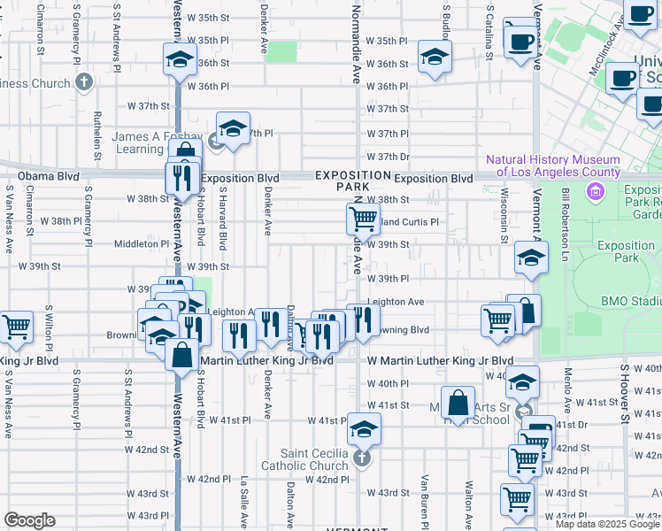 map of restaurants, bars, coffee shops, grocery stores, and more near 3915 Brighton Avenue in Los Angeles