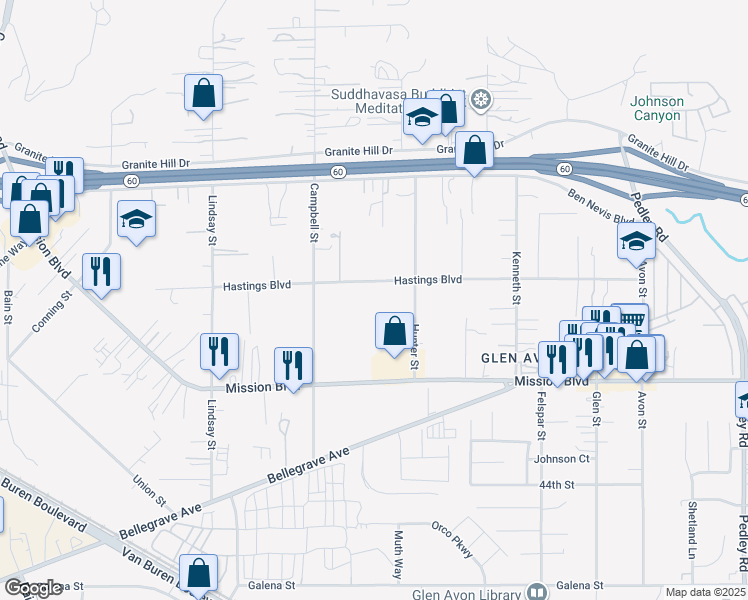 map of restaurants, bars, coffee shops, grocery stores, and more near 9478 Hastings Boulevard in Riverside