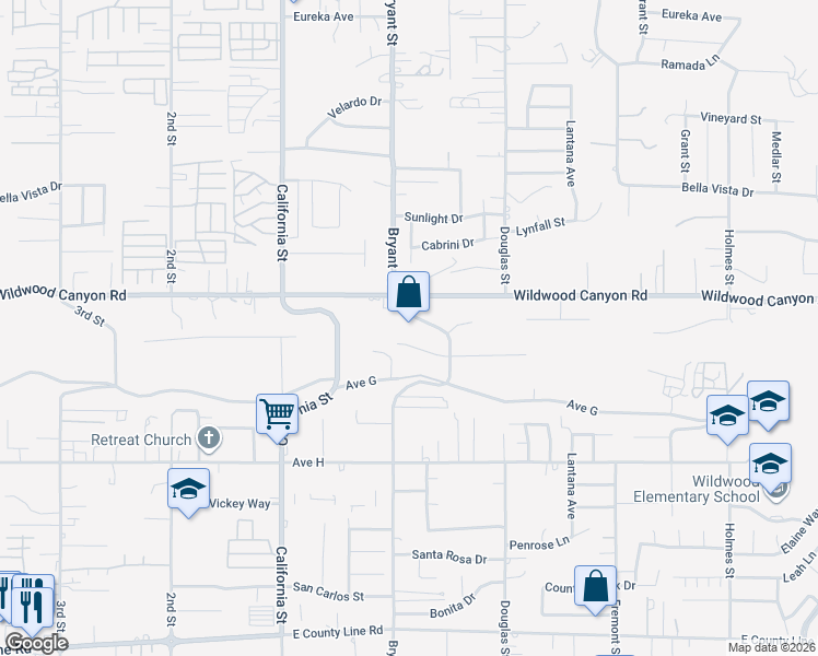 map of restaurants, bars, coffee shops, grocery stores, and more near 13180 Bryant Street in Yucaipa
