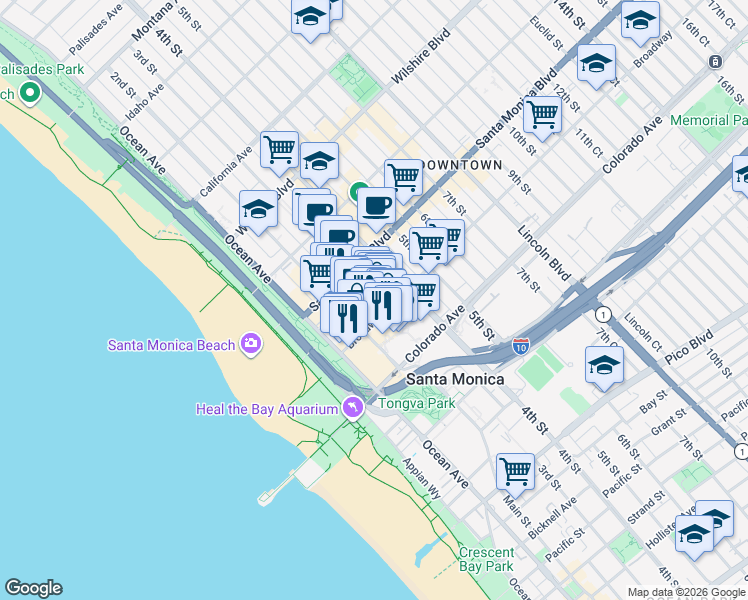 map of restaurants, bars, coffee shops, grocery stores, and more near 1470 3rd Street in Santa Monica