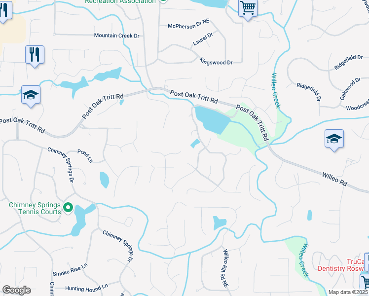 map of restaurants, bars, coffee shops, grocery stores, and more near 1498 Camp Point Court Norteast in Roswell