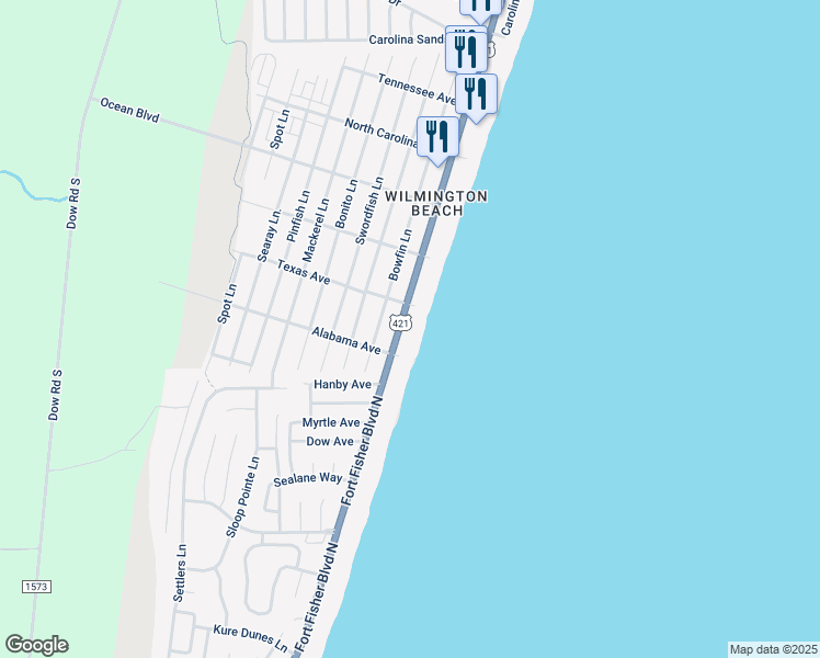 map of restaurants, bars, coffee shops, grocery stores, and more near 1615 Lake Park Boulevard South in Carolina Beach