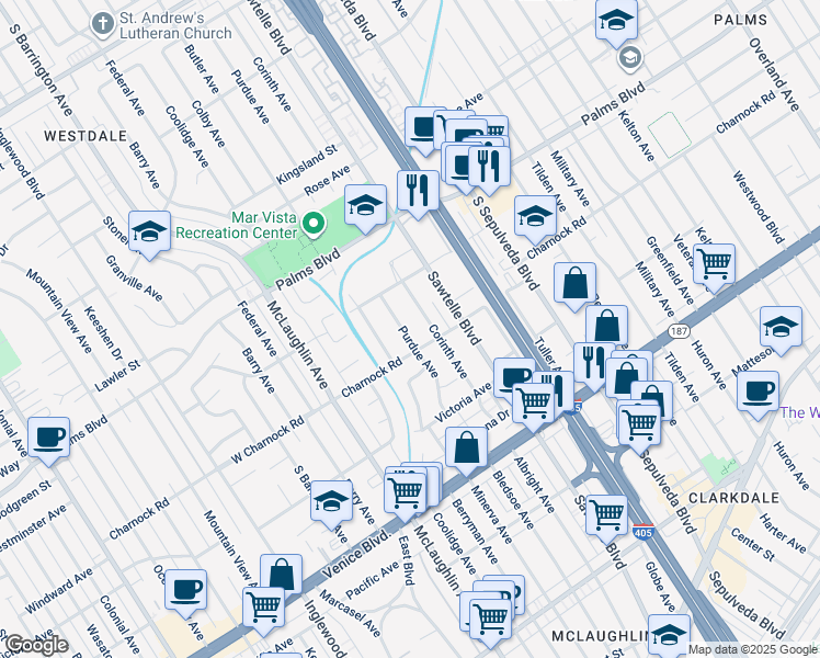 map of restaurants, bars, coffee shops, grocery stores, and more near 3552 Purdue Avenue in Los Angeles