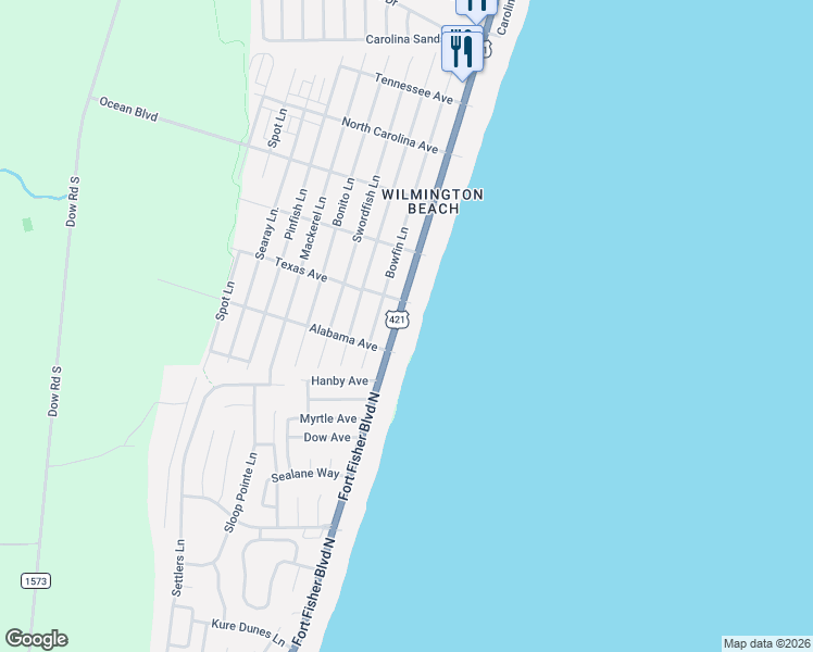 map of restaurants, bars, coffee shops, grocery stores, and more near 1621 U.S. 421 in Carolina Beach