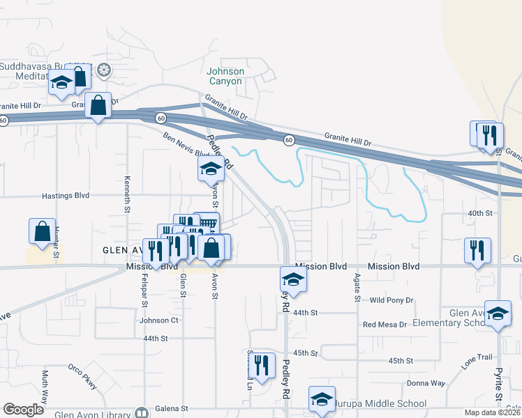 map of restaurants, bars, coffee shops, grocery stores, and more near 4041 Pedley Road in Riverside