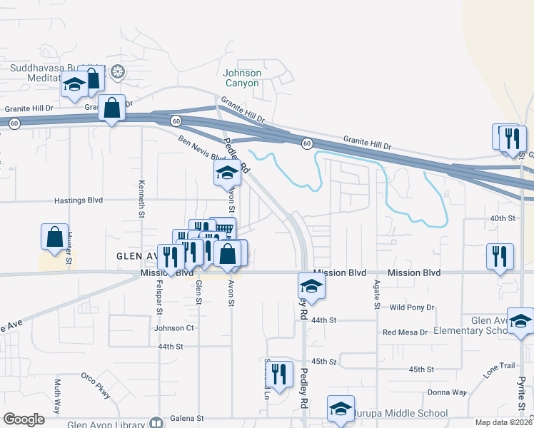 map of restaurants, bars, coffee shops, grocery stores, and more near 4041 Pedley Road in Riverside