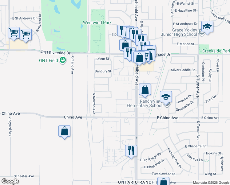map of restaurants, bars, coffee shops, grocery stores, and more near 3198 South Colonial Avenue in Ontario